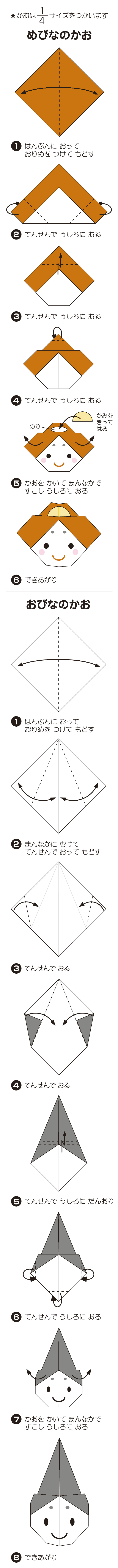 おびな、めびな、それぞれの顔の折り方です。